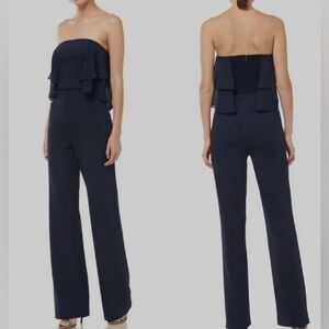 Halston Heritage- Navy Strapless Flowy Chiffon & Crepe Jumpsuit
